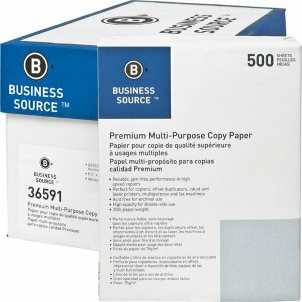 Business Source Multipurpose Paper, 92 Bright, 20lb., 8-1/2inx11in, White, 40PK BSN36591PL